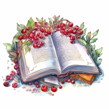 Commercial shot of cute ultra realistic watercolor insanely beautiful open book with cranberries clipart, country cranberry theme, overgrown plants and cranberries summer lush god rays clipart, deep meaning, highly detailed and realistic, insane quality, art nouveau art style, clipart witchcore dreamcore cottagecore white background no text, isolated on white, ghibli style, watercolor illustration, award winning