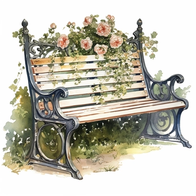 antique garden bench, gouache, clipart, white background