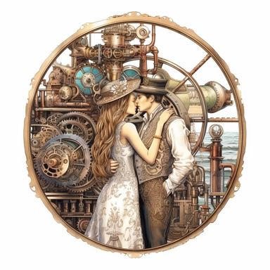 In the enchanting presence of a steampunk steam train, a couple's first kiss takes place, framed by the intricate gearwork and brass accents that adorn the classic locomotive, their love intertwined with the spirit of adventure. Ultra high quality, intricate detail, retro - futurism, pastel clipart, white background