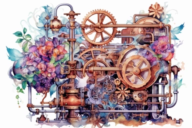 Watercolor, Create a steampunk-inspired floral composition, where wild flowers intertwine with metallic vines and cog-shaped petals, set against a backdrop of antique machinery and steam-powered contraptions., clipart, hd, on a white background, spaced out
