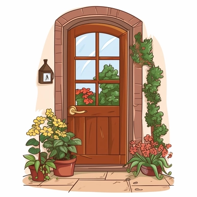simple closed door with little window showing beautiful garden clipart