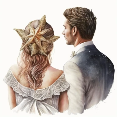 Boho nautical style, wedding bride and groom, back view, seastar, seashell, fantasy, white background, watercolor, hyperrealism, high detail, separate elements, set, clipart