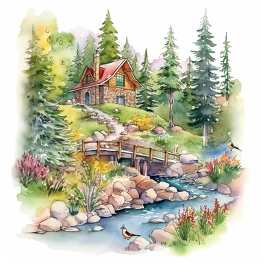 watercolor clipart painting of a Colorado mountain landscape, with evergreen pine trees, pinecones and sage green trees, with some yellow aspen trees and white birch trees, log cabin in the wood with smoke coming out of the chimney. there is a little bridge over the blue and green stream with rocks and lily pads in the babbling brook, a red cardinal and some hummingbirds, butterfly and dragonfly, a dusk sky with a moon and a few stars, hd, magical and whimsical illustration with a little gold gl