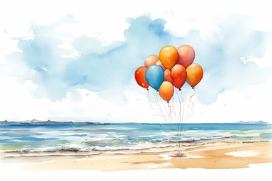 Watercolor, Illustrate a tranquil beach setting with balloons gently floating over the water. clipart, hd, on a white background, spaced out