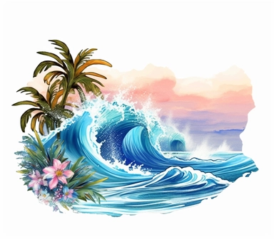 Cute Beautiful Wave Beach Tropical Watercolor Sublimation Clipart,Cartoon, hyper realistic, intricate detail, illustration style,high solution,on the white background , 32k resolution, ultra high definition