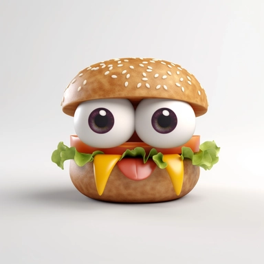cute hamburger character. hamburger, cheeseburger, cartoon, eye, illustration, funny, character, fast food, food, unhealthy, cute, face, fun, goofy, three-dimensional , Clipart, white isolated background, space out, hd, 8k, realistic