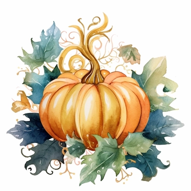 Watercolor pastel velvet boho pumpkin with gold ornate watercolor sitting on pumpkin leaves white background. clipart