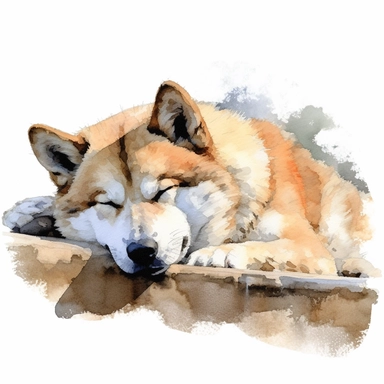 Akita Inu dog sleeping, watercolor, sharp illustration clipart, insane detail, white background