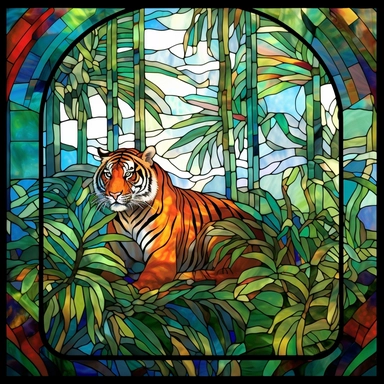 Rectangular stained glass window design, square corners 90 degrees, no background, view from solarium in the atrium, tiger in the rainforest, very detailed, clipart, clear crisp colors, photorealistic, oil paint, happy, beautiful, bright colors, cute, ultra-detailed, on a white background - - no cropping