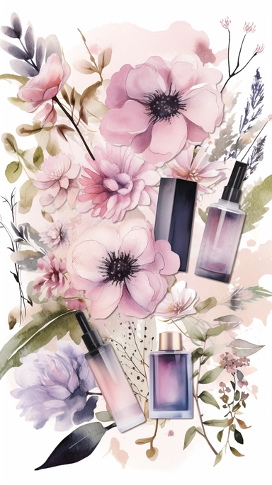 dreamy pastel watercolor illustration. clipart. Flatlay. luxurious cosmetic products randomly arranged on white backdrop. flowers. roots