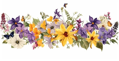 Pressed boho cottagecore floral clipart violet, honeysuckle, black-eyed susan, wild rose and orchids floral border wildflowers with green foliages floral nature garden border, clipart with white background