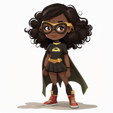 full body image of a cute, smiling little girl in modern cartoon style, looking forward with a black superhero mask, in clipart, C20