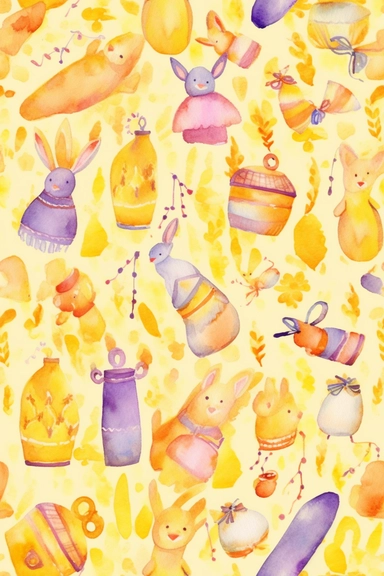 A delightful watercolor clipart seamless pattern featuring whimsical baby toys and accessories (medium: digital illustration)(style: inspired by the works of Beatrix Potter and Margaret Tarrant)(lighting: bright and cheerful with bold contrasts)(colors: vibrant hues of yellow, orange, and purple)(composition: a repeating pattern of fun baby items, such as mobiles, rattles, and teethers, with a watercolor effect that adds a whimsical touch, captured with a high-quality camera and a wide-angle len