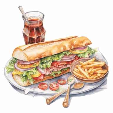 watercolor, hyper realistic, white background, white margins, 16k, ultra detailed clipart, cut out image, hand-drawn, whimsical a fresh baguette sandwich with ham, cheese, lettuce, and tomato, served with a small bowl of potato chips and a glass of iced tea on a bistro table