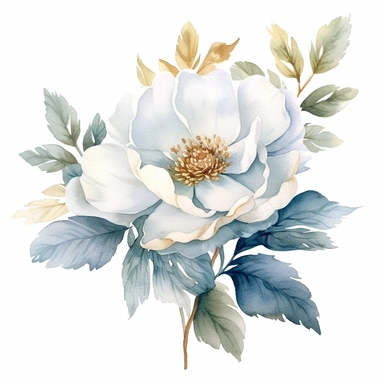One Dusty blue and white austin rose flower, big blooms, with muted green whispy foliage with gold flicks, elegant and beautiful floral clipart for wedding invitations, delicate, watercolor, oil painting, defined edge on white background