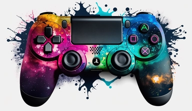 A captivating galaxy-themed PS4 game controller clipart, adorned with an enchanting array of RGB colors reminiscent of a cosmic nebula. The controller is positioned against a pristine white background, expertly designed for high-quality printing in ultra-high definition (UHD) and 4K resolution. To add a touch of artistic flair, a splatter of paint resembling stars and galaxies decorates the background, creating a sense of celestial wonder. The deliberate absence of any brand name or logo allows 