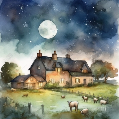 clipart style, watercolor scene of An enchanting image of a Dreamy Farmstead, showcasing a moonlit sky illuminating a quaint farmhouse nestled amidst lush fields. The stars twinkle overhead as farm animals, including cows and sheep, find respite in the peaceful surroundings. The illustration captures the idyllic and dreamy atmosphere of a tranquil farmstead at night, HD, on white background