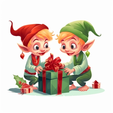 clipart digital svg cartoon of elves wrapping gifts for christmas, on a whte background no shadow