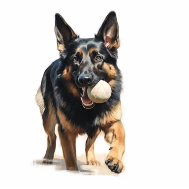 oil painting of german shepard dog holding a ball in mouth, clipart, white background