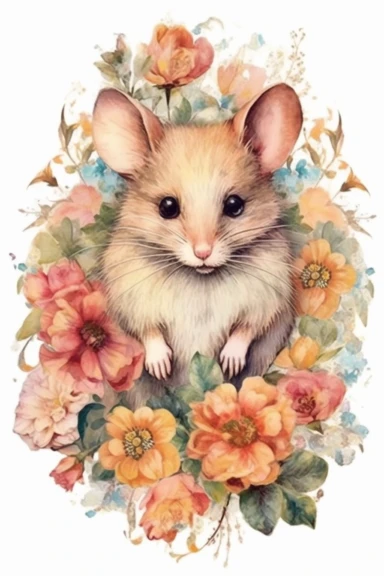 Chromolithography, vintage watercolor mouse floral clipart, nursery art, little mouse, mouse art, kids wall art, baby animal prints, isolated on white background, intricate details, hdr, 8k
