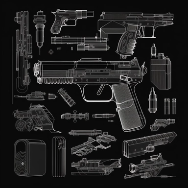 a contour clip art illustration isolated with grey color on black background of guns, ammunition, bullets etc., no artistic looking clip arts, technical looking cliparts, thin contours