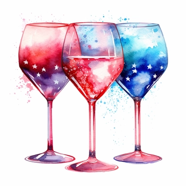 watercolor american patriotic set of three wine glasses clipart illustration, centred, vibrant colors, add fireworks, on a white background, no watermark, no logo, no writing