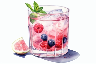 a delightful watercolor, hyper-realistic clipart image with a white background and white margins, showcasing glass with cosmopolitan coctaile. The ultra-detailed, hand-drawn elements