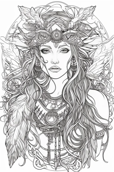 coloring page for adult of Beautiful Morrigan Irish goddess of war and death, picture in boho style with abstract elements, with high quality eyes, Vector illustration, clip art, coloring book style for adult with strokes letting place to put color in, black ink outline, white background,