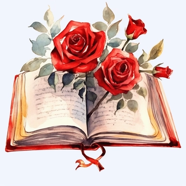 watercolor, white background, clipart, watercolor, white background, ultra-realistic and hyper-detailed clipart beautiful cozy open book with red roses, red and rich gold hues