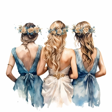 glamour dolce & gabbana half body back shot, watercolor white wedding dress bride wedding hairstyle with beautiful gold headpiece clipart, + two bridesmaids in blue dress, hd, isolated on white background, spaced out ar 3:2