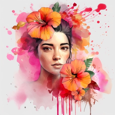 watercolor A woman's face, full body, Hibiscus - Hibiscus flowers are large and colorful, with petals that come in shades of pink, red, and yellow. They are often used in tropical-themed decor and are associated with warm weather and sunny days. with flowers and leaves adorning her hair. hair up with flowers vividly bold designs png Full body realistic cartoon in 32K UHD cute. 15 cm thick outline. Black color. There was no shadow on the ground. 8k with realistic watercolors. and detailed illustr