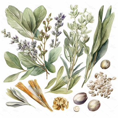 a watercolor of collection of sage bundles, herb bundles and seeds and nuts clip art on a white background--ar 2:3