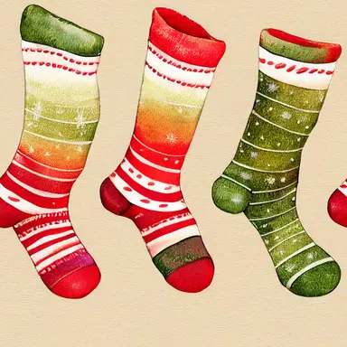 christmas socks, gradient background, in watercolor clipart style