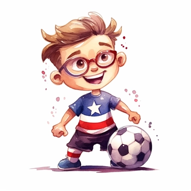 cute Watercolor cartoon happy team USA soccer player, clipart, white background