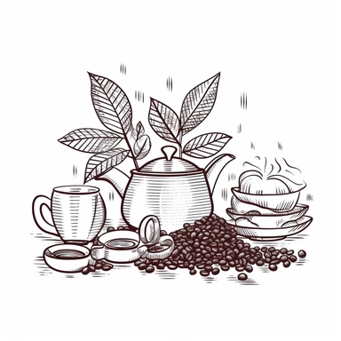 simple line art, clipart style, coffee theme, black lines with white background, a quadrant with 1 image in each quadrant, beakers, 'Coffee cup, coffee, teapot, mint leaves, tea cup