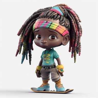 Black girl 3d clipart, chibi 3d, with Dreadlocks, skateboarding, white background, punker clothing, african colors, vector style, octane render, 4k, ultra detailed