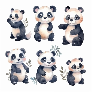 Watercolor cute little panda, Various expressions and emotions, clipart, isolated on white background