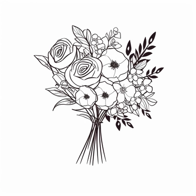 vector illustration, hand drawn, elegant floral bouquet with blossomed roses, silhouette, outline svg, clipart, roses wedding bouquet, all white background
