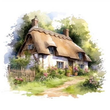 a quaint old english cottage with thatched roof at the edge of a forest surrounded by wildflowers, white background, clipart, watercolor style--q2--v5.1