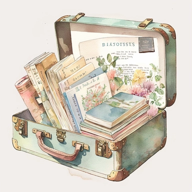 vintage suitcase filled with travel brochures soft pastel watercolor clipart