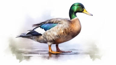 Mallard bird, sharp illustration clipart, watercolor art, insane detail, white background realistic photography, Higher coherence, Improved sharpness, accuracy, perfect look, perfect lighting, center of frame, ultra HD, 8k, Full body, OC renderer, sweet,sweet, dynamic background,(no unwanted borders or text artifacts)
