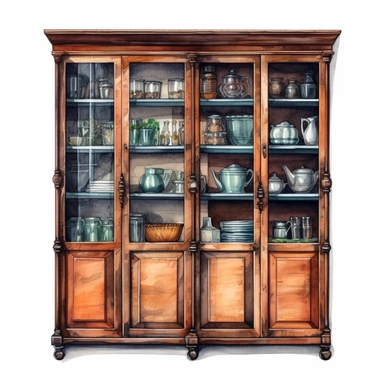 watercolor, hyper realistic, white background, white margins, 16k, ultra detailed clipart, cut out image, hand-drawn vintage wooden cupboard with a warm brown finish and glass doors,