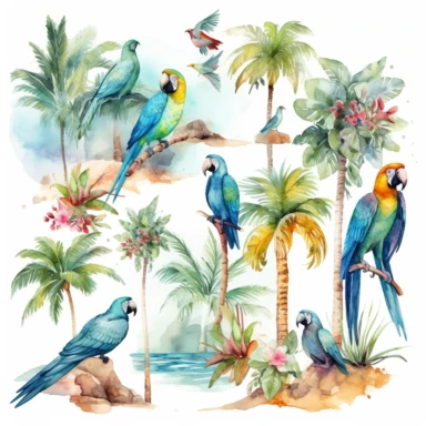 Tropical island beach clipart set isolated on white, watercolor, turquoise, parrots - - no photograph