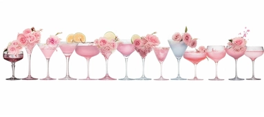 Isolated on a white background, in a feminine style that is populair on Etsy, ten juxtaposed, Wine and cocktail glasses lined up on the floor decorated with baby pink roses, for wedding, high resolution, highly detailed, watercolor clipart illustration, soft pastel color theme, baby pink, 8k UHD isolated image on white background, hyper - realistic high definition