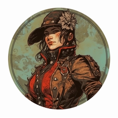 A circular poster depicting a Dungeons & Dragons character, a weathered badass ranger woman in camouflage Napoleonic-style Civil War-style uniform, Josh Kirby Mike Allred, Dune Lord of the Rings, handpainted enamel punk zine indie retrowave, clipart illustration
