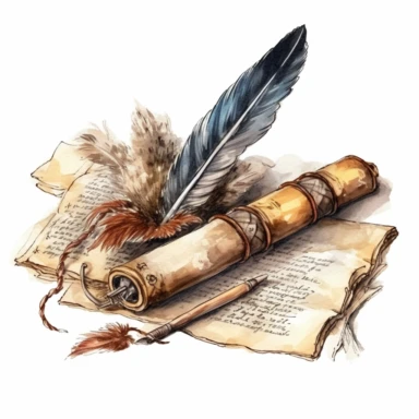 Old book, paper scroll and feather pen sketch set, Watercolour Illustration clipart, 4K, extremely detailed