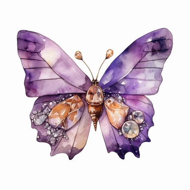 Bejeweled amethyst Butterfly brooch Watercolor Clipart, watercolor painting, png, HDR, 8k, super hyper realism. white background,