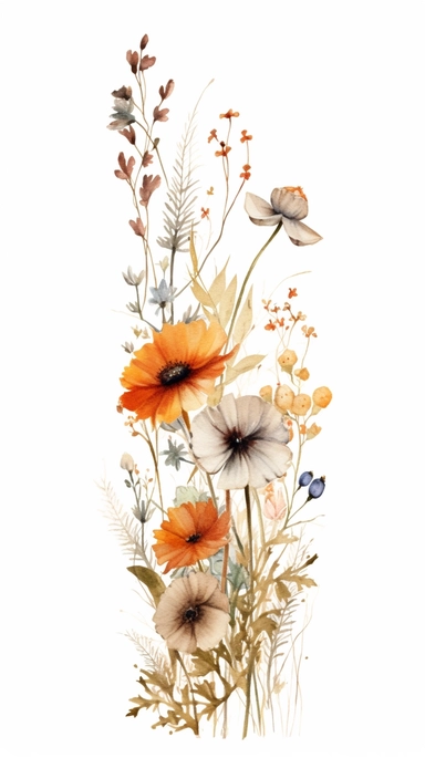 watercolor, wildflower floral border, earth tones, white background, clipart