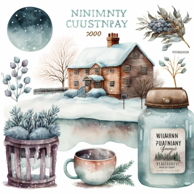 january clipart elements, watercolor, cold, england