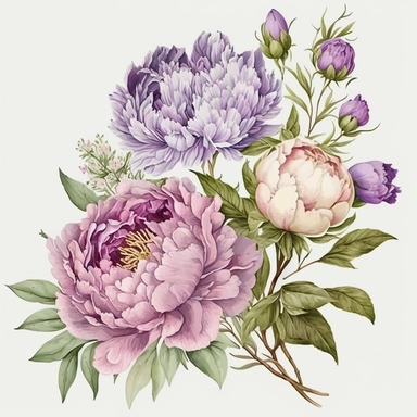 watercolor illustration, handpainting, Greeting card Birthday Flowers Peonies with lavender Bouquet Provence PNG, decoration, Hand-painted flowers transparent background PNG clipart, attention to detail,high quality, extremely detailed v 4, png on white background